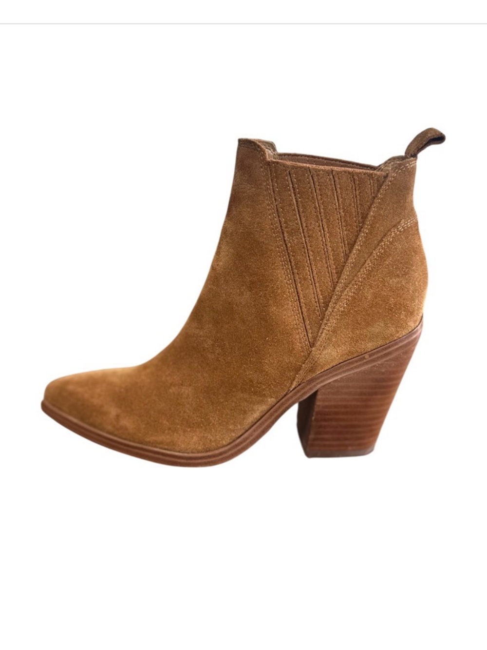 Marc Fisher Tan Suede Pointed Ankle Boot with Stacked Heel